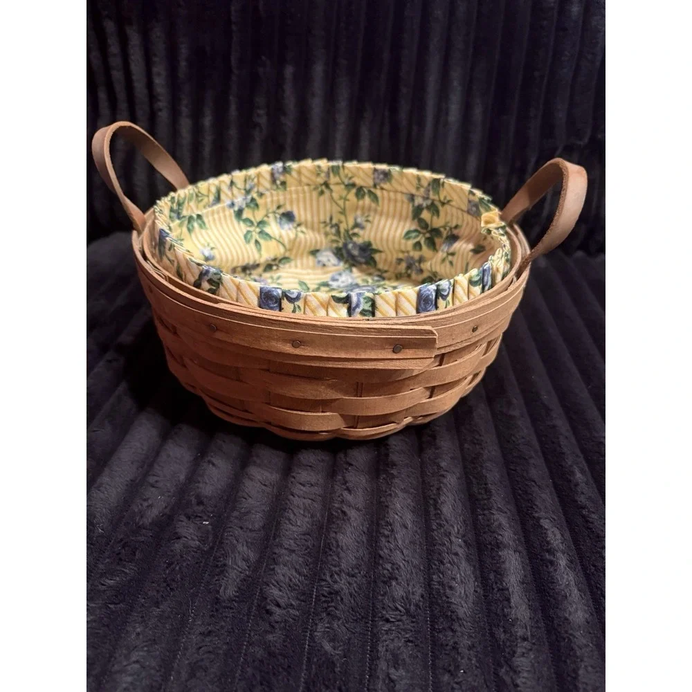 LongabergerBasket with Floral Liner Leather Handles‎ Vintage 1986 Signed